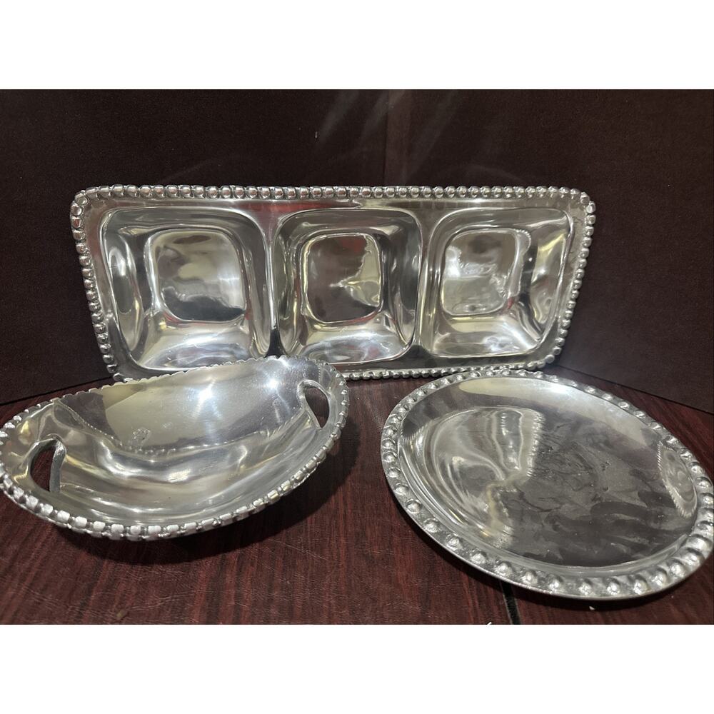 Pewter Beaded Bowl, 8”platter, 16”3 Compartment Platter Made India Handicrafts